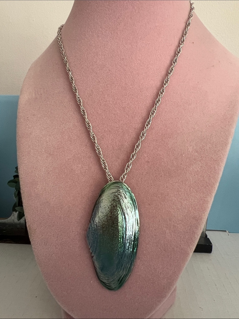 Iridescent Green Shell Pendant Necklace on Silver Rope Chain